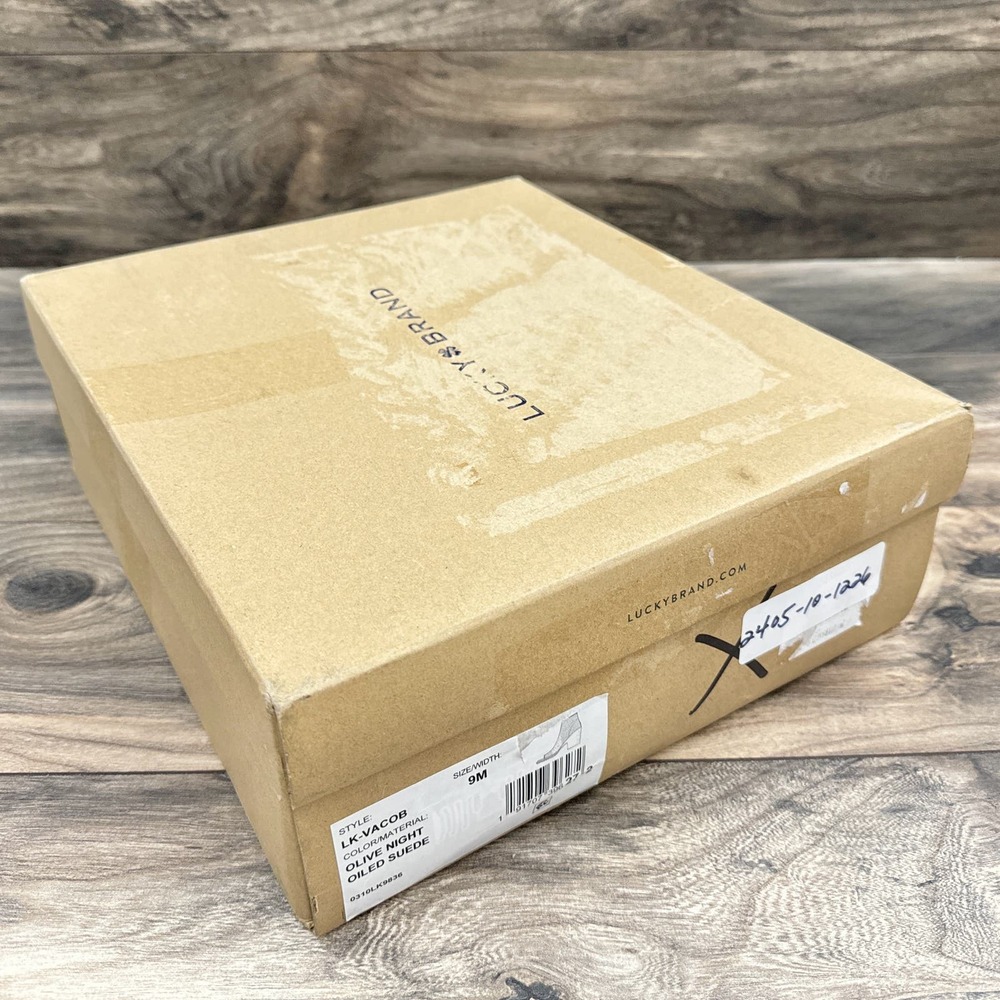 NIB Lucky Brand Vacob 9M Open Toe Perforated Block Heel Ankle Bootie Olive Suede - Picture 12 of 13